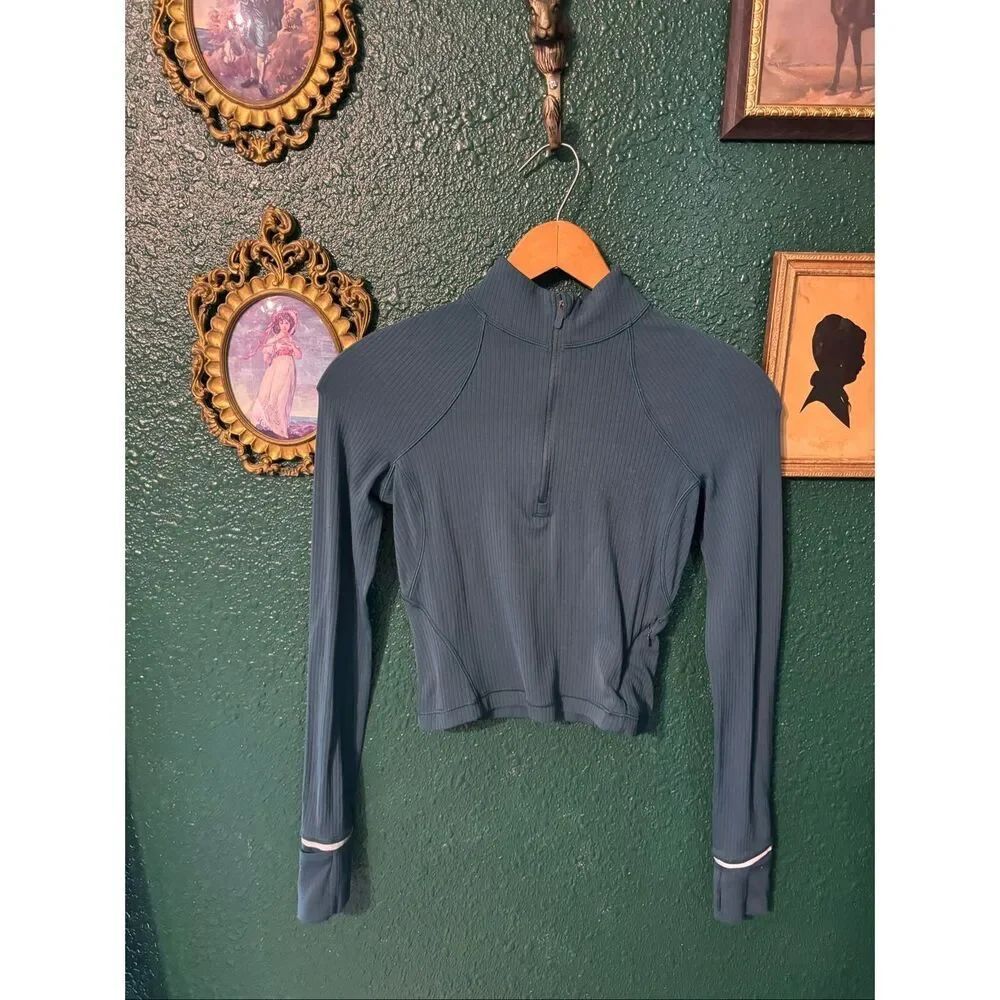 Lululemon It's Rulu Run Cropped Half Zip Shirt Teal Women Size 2 Long Sleeve